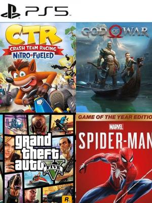 4 juegos en 1 Crash Team Racing Nitro Fueled mas Marvels Spider Man Game of the Year Edition mas God of War mas Grand Theft Auto V PS5