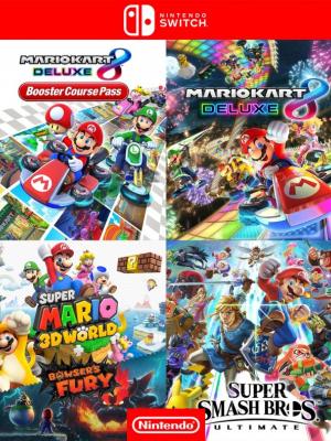 Mario Kart 8 Deluxe mas Booster Course Pass mas Super Mario 3D World + Bowser’s Fury mas Super Smash Bros Ultimate - Nintendo Switch