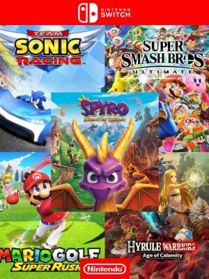 Team Sonic Racing mas Super Smash Bros Ultimate mas Mario Golf Super Rush mas Hyrule Warriors Age Of Calamity mas Spyro Reignited Trilogy - Nintendo Switch