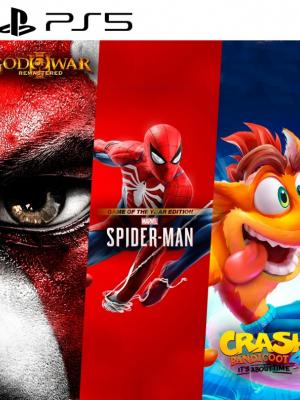 3 juegos en 1 God of war III mas Marvels Spider Man Game of the Year Edition mas Crash Bandicoot 4 Its About Time PS5